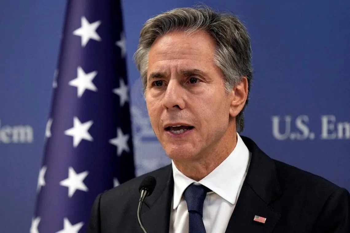 FILE PHOTO: U.S. Secretary of State Antony Blinken speaks in Tel Aviv, Tuesday Oct. 17, 2023, after an overnight meeting with Israeli Prime Minister Benjamin Netanyahu.     Jacquelyn Martin/Pool via REUTERS/File Photo
