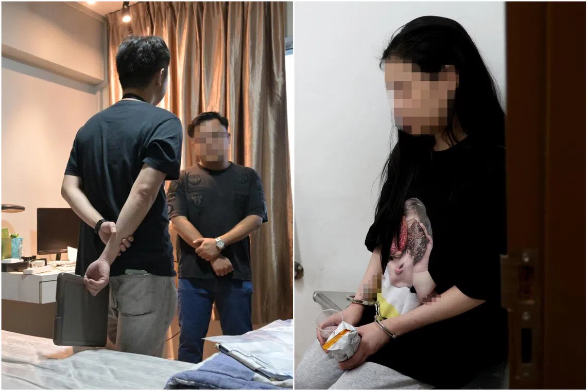 An ICA officer interviewing a man (left) suspected of being in a sham marriage during a raid on Dec 11, 2024. A Vietnamese woman suspected of being in a sham marriage was also arrested.