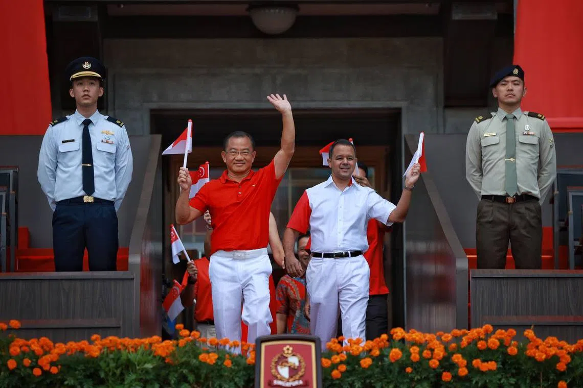 Speaker of Parliament Seah Kian Peng (L) and Member of Parliament Christopher de Souza arriving for National Day Parade at the Padang on Aug 9, 2023. ST PHOTO: KEVIN LIM