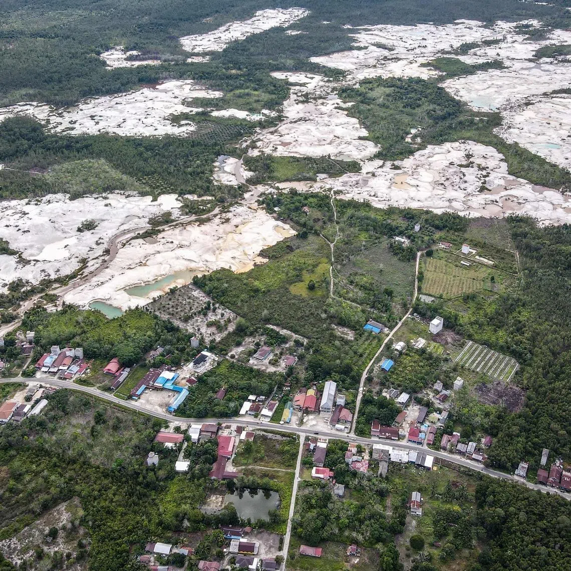 This aerial picture taken on February 12 shows traditional gold mines in Timpah, Kapuas Regency in Indonesia's Central Kalimantan Province.