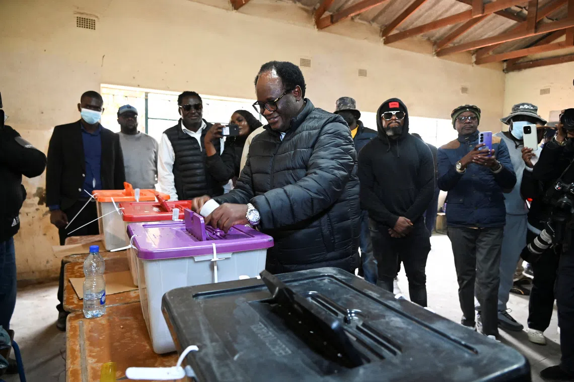 Zambian opposition leader and National Reconciliation Party for Unity and Prosperity (NRPUP) presidential candidate Brian Muntayalwa Mundubile casts his ballot during Zambia's general elections, including the presidential election, at a polling station in Lusaka, Zambia, August 13, 2026. REUTERS/Moses Mwape