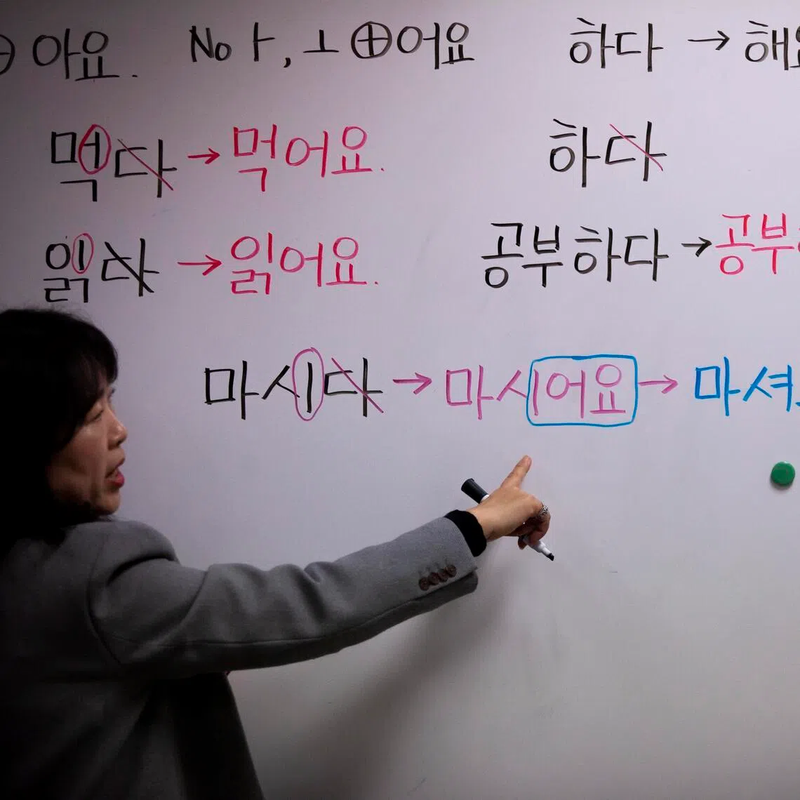 Ms Sunny Paek teaches Beginner 1 Korean language class at the Korean American Center in Irvine, California, on Jan 27.