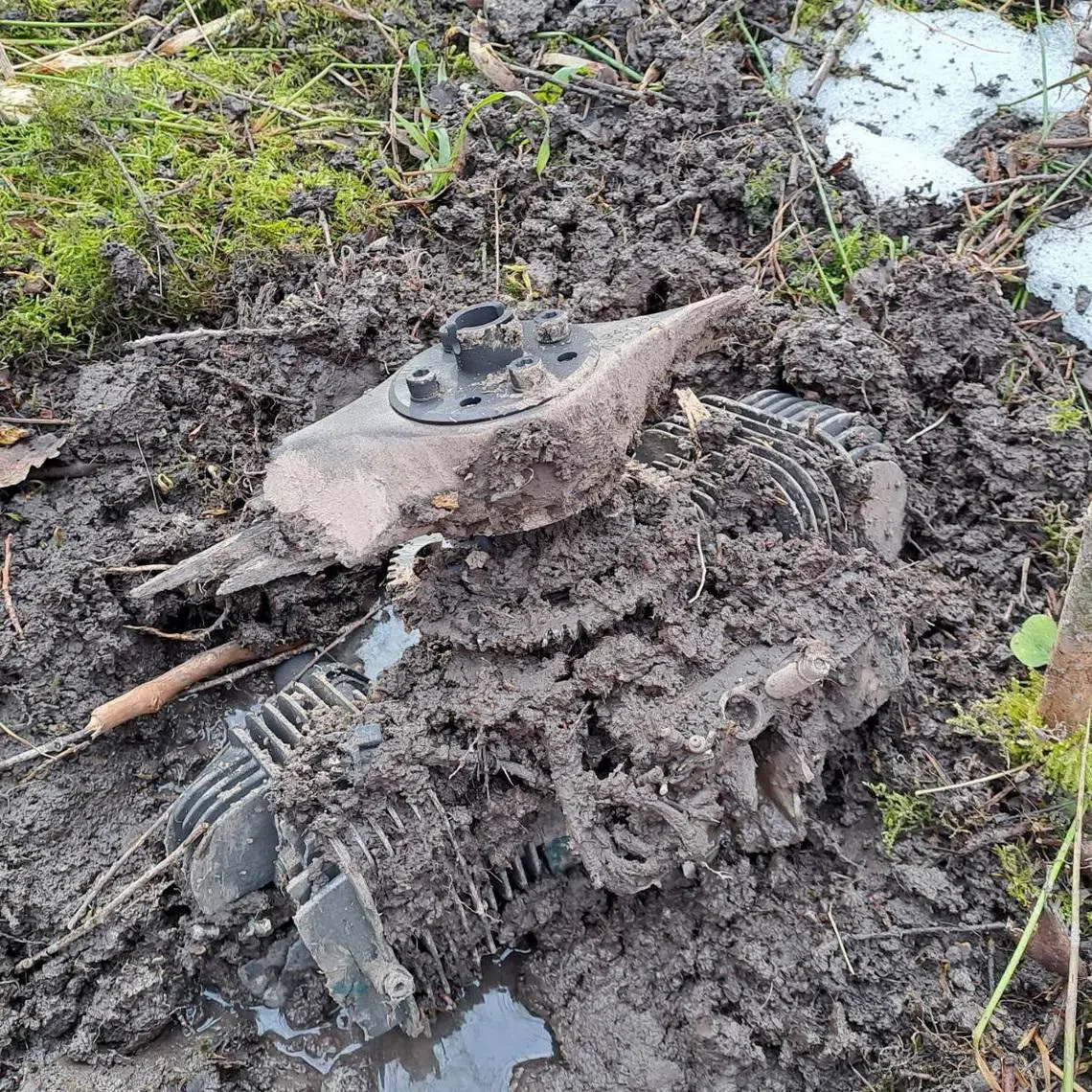 A part of a Ukrainian unmanned aerial vehicle, which according to the Latvian National Armed Forces, flew into Latvian airspace and crashed in Kraslavas region, Latvia, in this handout image obtained by Reuters on March 25, 2026.   Latvian Defence Forces/Handout via REUTERS