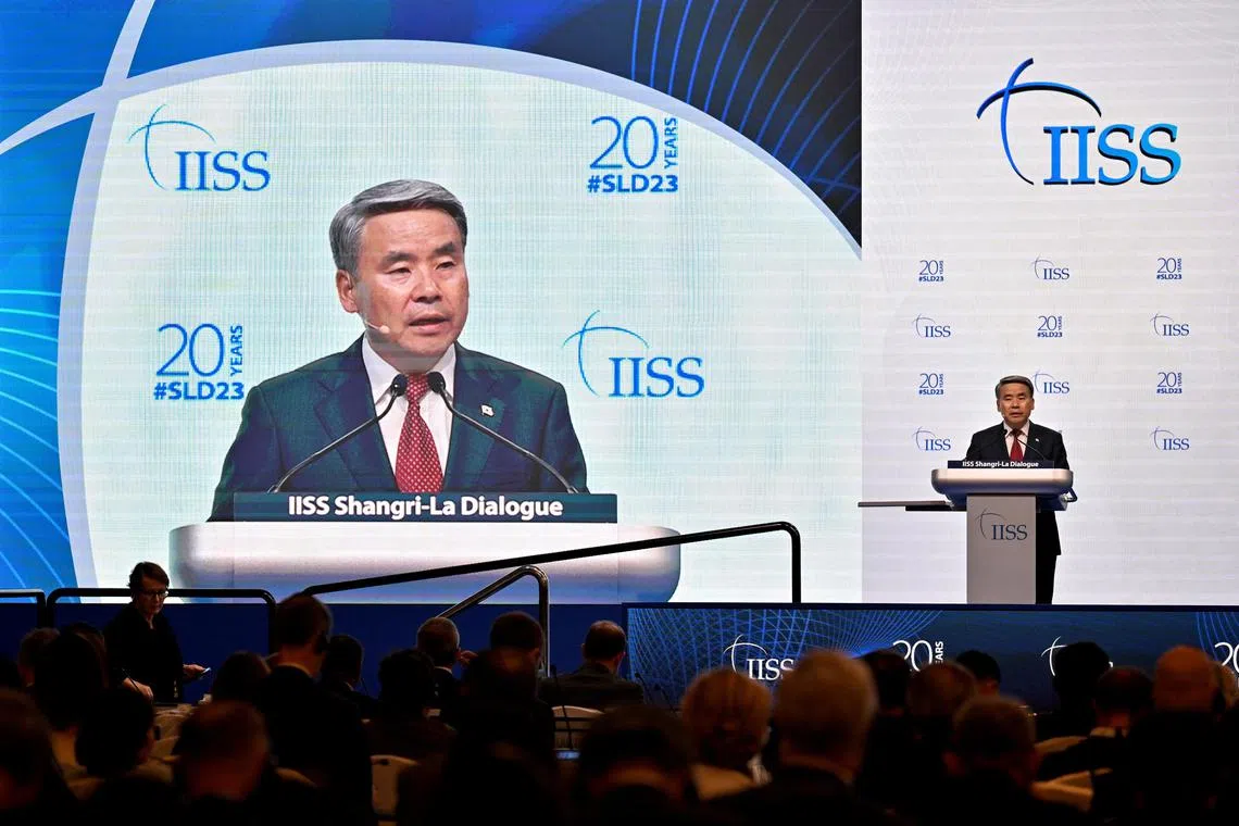 South Korea's Minister of National Defence, Lee Jong-sup speaks at a plenary session of the 20th IISS Shangri-La Dialogue in Singapore June 3, 2023. REUTERS/Caroline Chia