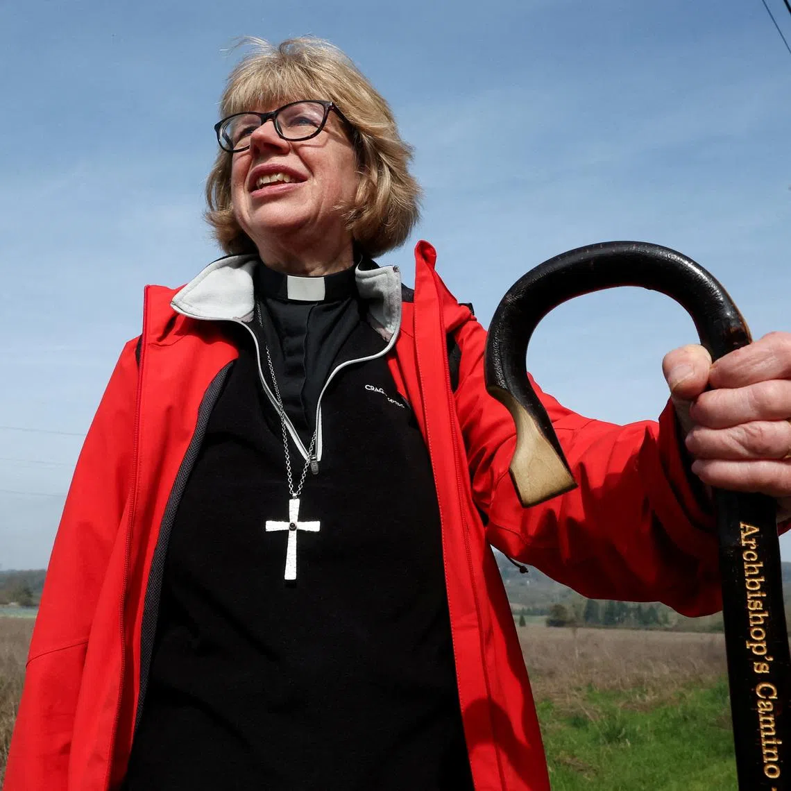 Archbishop of Canterbury Sarah Mullally during a 140km pilgrimage trek from St Paul's Cathedral in London to Canterbury Cathedral, on March 25. 