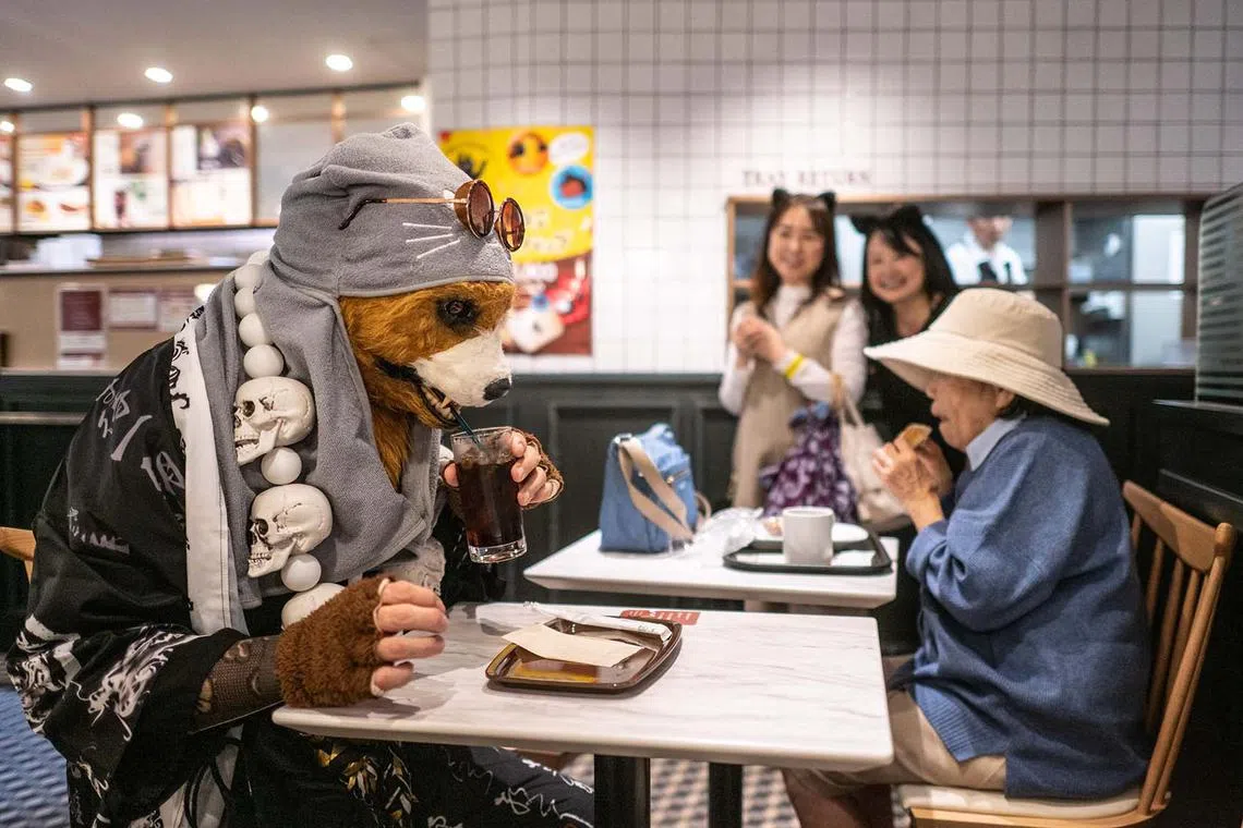 TOPSHOT - A participant (L) in a costume drinks in a cafe during the 'bakeneko' or supernatural cat festival as a pre-Halloween event in the Kagurazaka district of Tokyo on October 13, 2024. (Photo by Philip FONG / AFP)