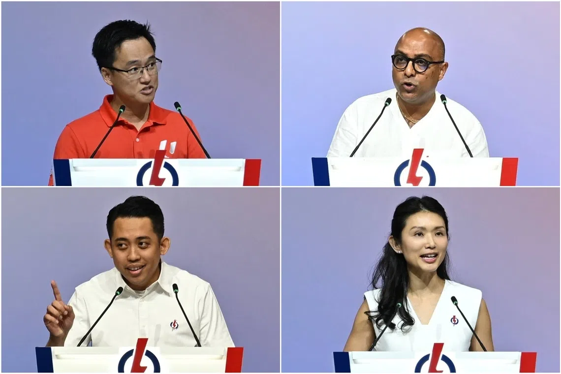 PAP activists (clockwise from top left) Andy Ang, Ramesh Selvaraj, Ong Jing Jing and Ahmad Firdaus Daud speaking at the PAP Awards and Convention 2025 on Nov 9.