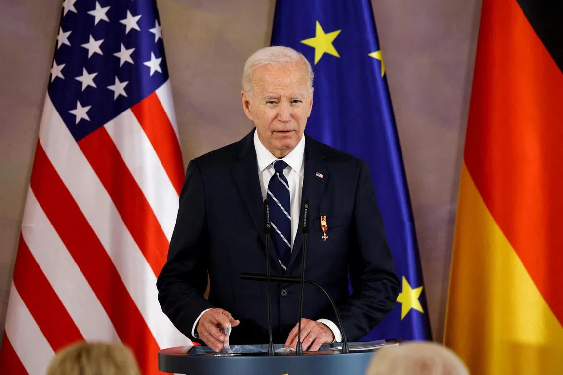 U.S. President Joe Biden speaks during a ceremony to award him Germany's highest honour, the Grand Cross of the Order of Merit for special achievements, by President Frank-Walter Steinmeier (not pictured) at Bellevue Palace in Berlin, Germany, October 18, 2024. REUTERS/Axel Schmidt