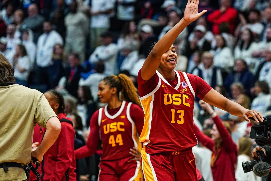 FILE PHOTO: Dec 21, 2024; Hartford, Connecticut, USA; USC Trojans center Rayah Marshall (13) reacts to the UConn fans after defeating the UConn Huskies at XL Center. Mandatory Credit: David Butler II-Imagn Images/File photo