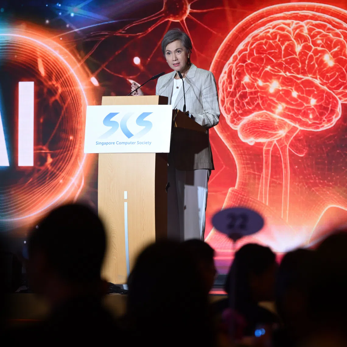 Digital Development and Information Minister Josephine Teo speaking at the Singapore Computer Society-organised Tech3 Forum 2026 on Aug 20.