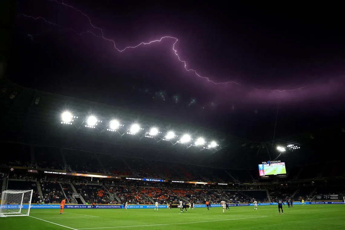 Lightning is seen above the stadium during the FIFA Club World Cup Group H match between Pachuca and RB Salzburg, held at the TQL Stadium, in Cincinnati, Ohio, US, on June 18, 2025.
