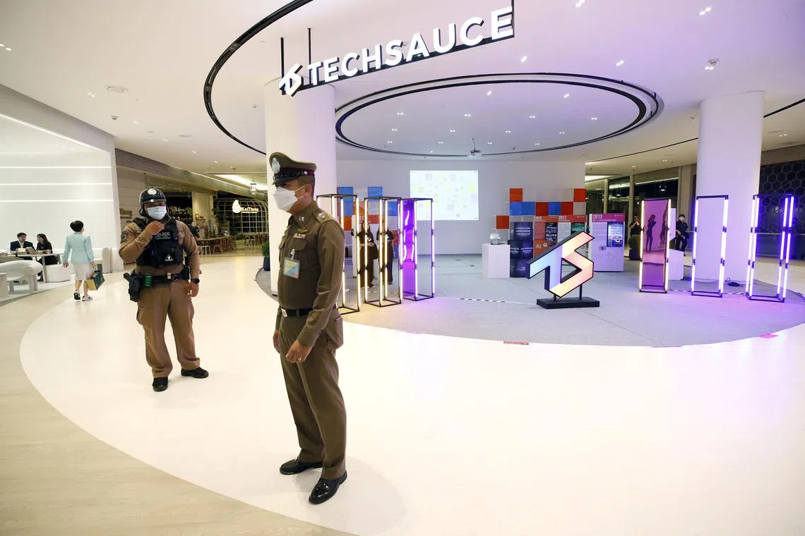 Thai police officers conduct security patrols a day after a shooting inside the Siam Paragon shopping mall in Bangkok, on Oct 4.