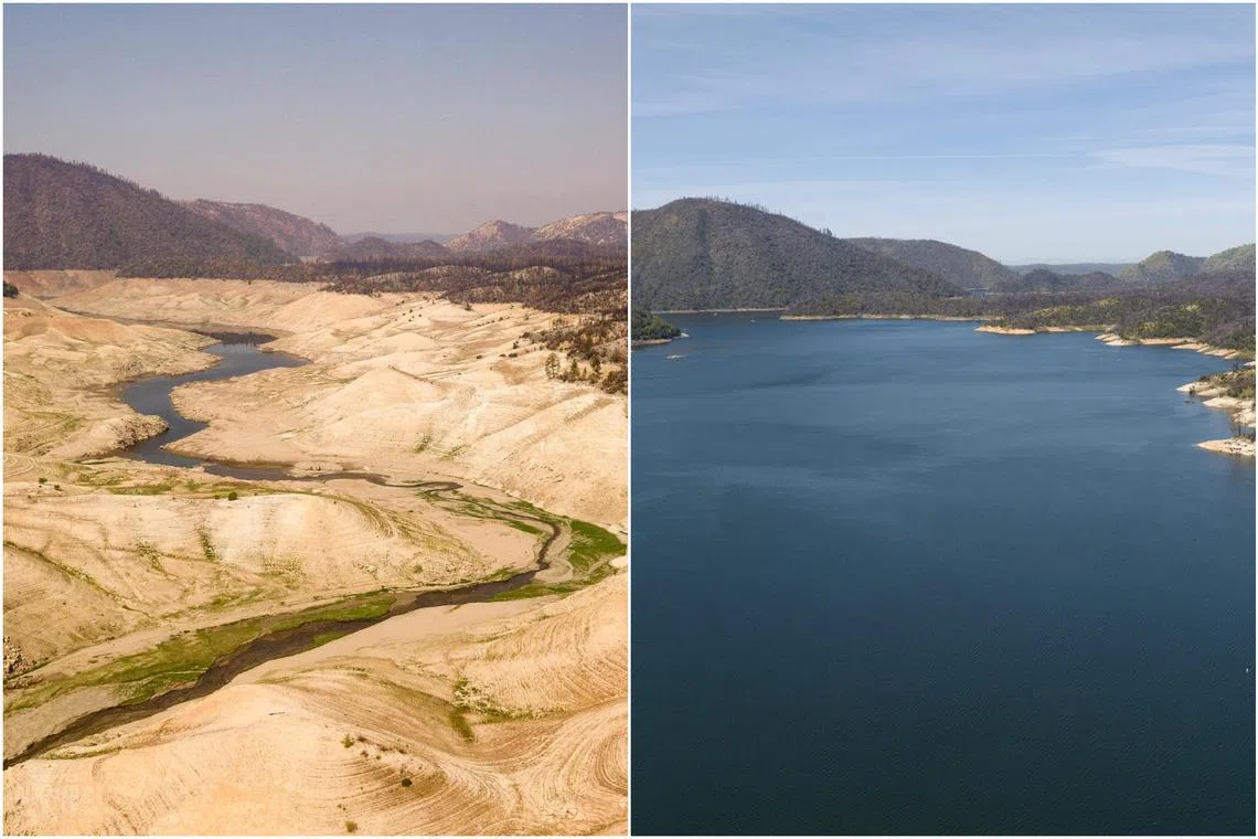 Lake Oroville in California on Sept 5, 2021 (left), and on April 16, 2023.