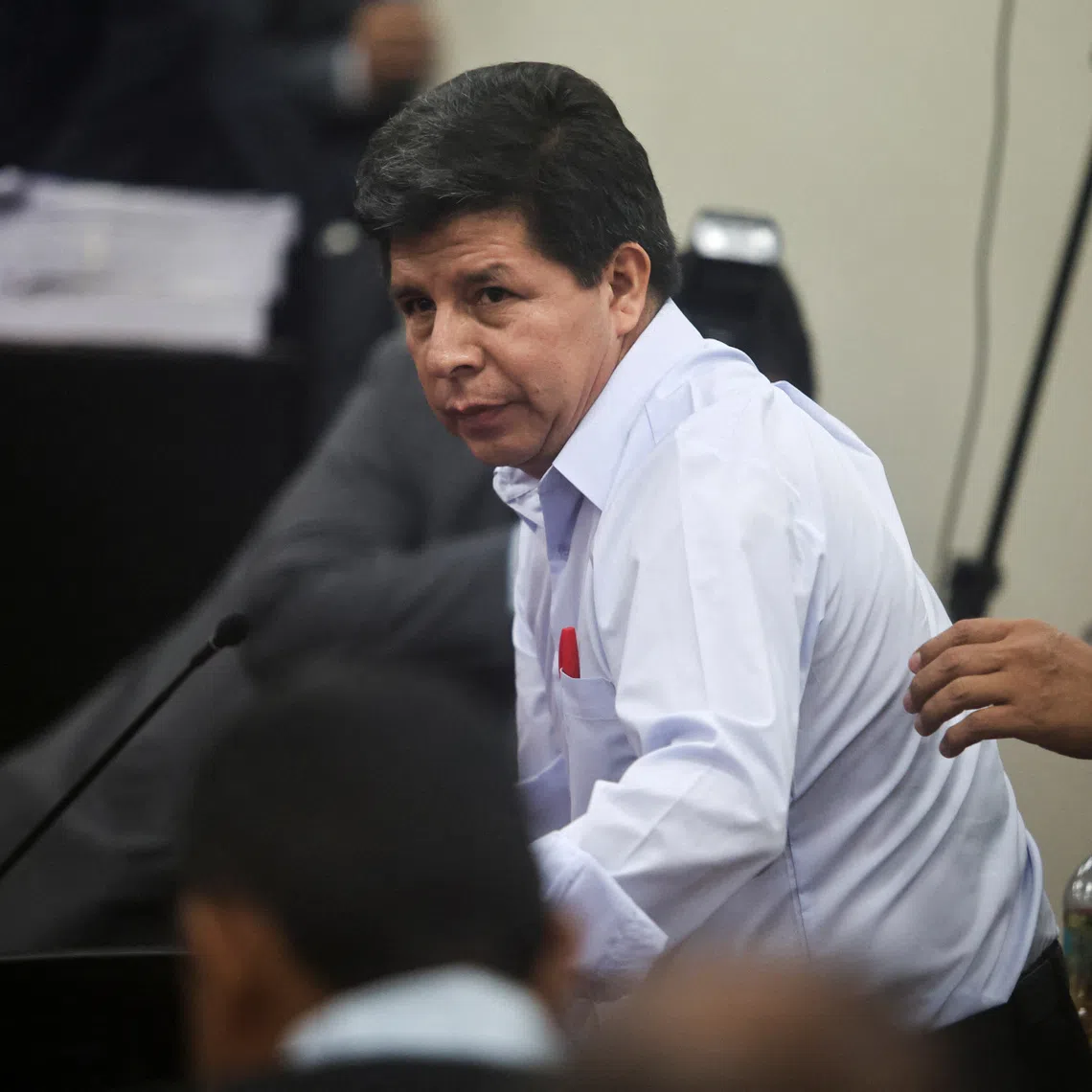 Peru's former President Pedro Castillo arrives for the beginning of his oral trial on charges of rebellion and other offenses against the state, in Lima, Peru March 4, 2025. REUTERS/Sebastian Castaneda