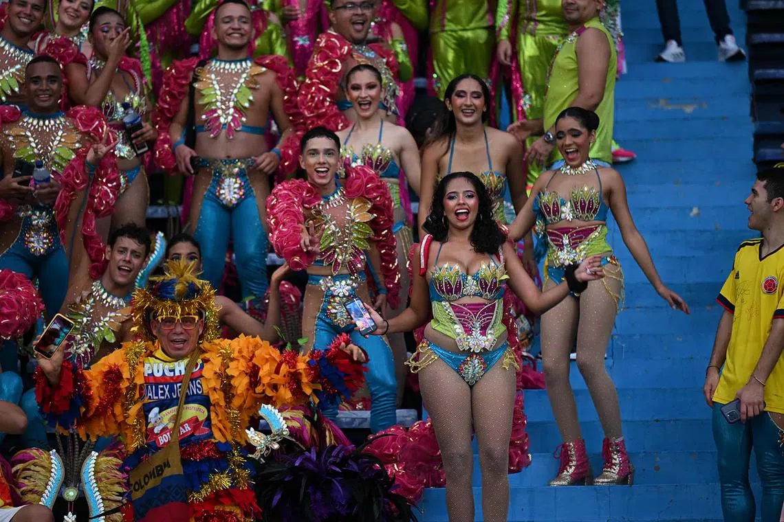 Fans of Colombia cheering for their team before the start of the 2026 FIFA World Cup South American qualifiers football match between Colombia and Ecuador at the Metropolitano Roberto Melendez stadium in Barranquilla, Colombia, on Nov 19, 2024. 