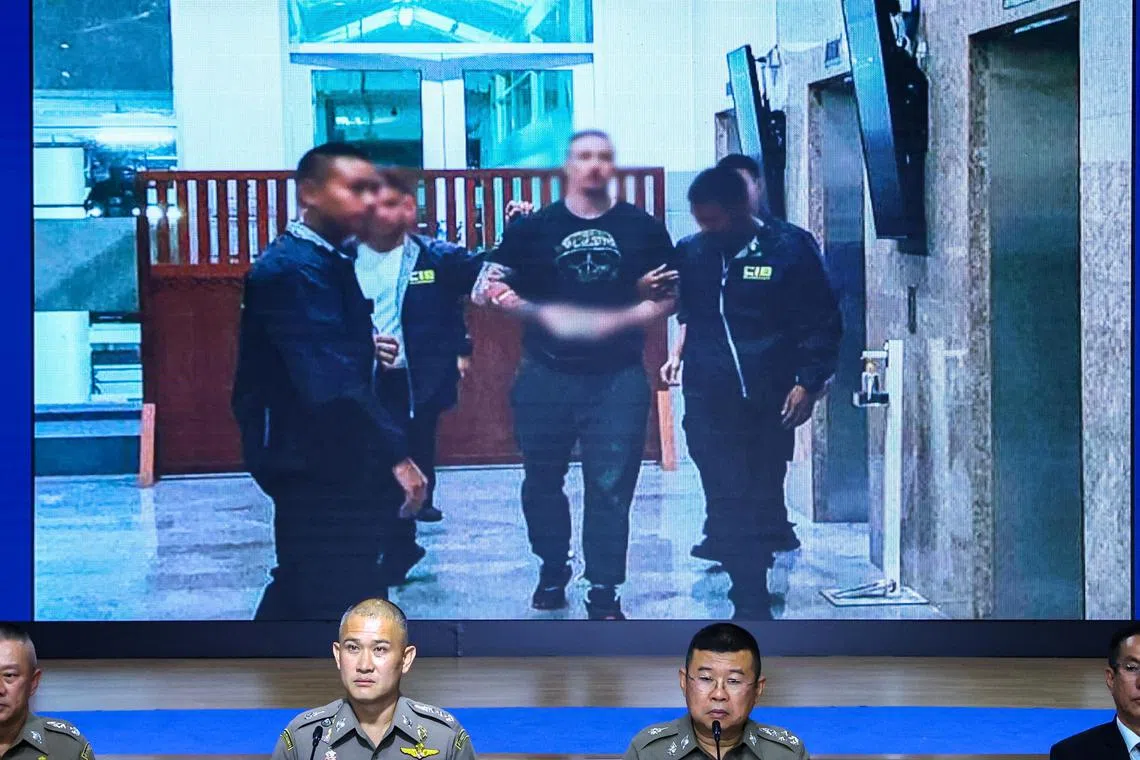 Thail police at a press conference on receiving Canadian contract killer Matthew Dupre, extradited from Canada to Thailand on a charge of murdering gangster Jimi Sandhu in Phuket in February 2022.