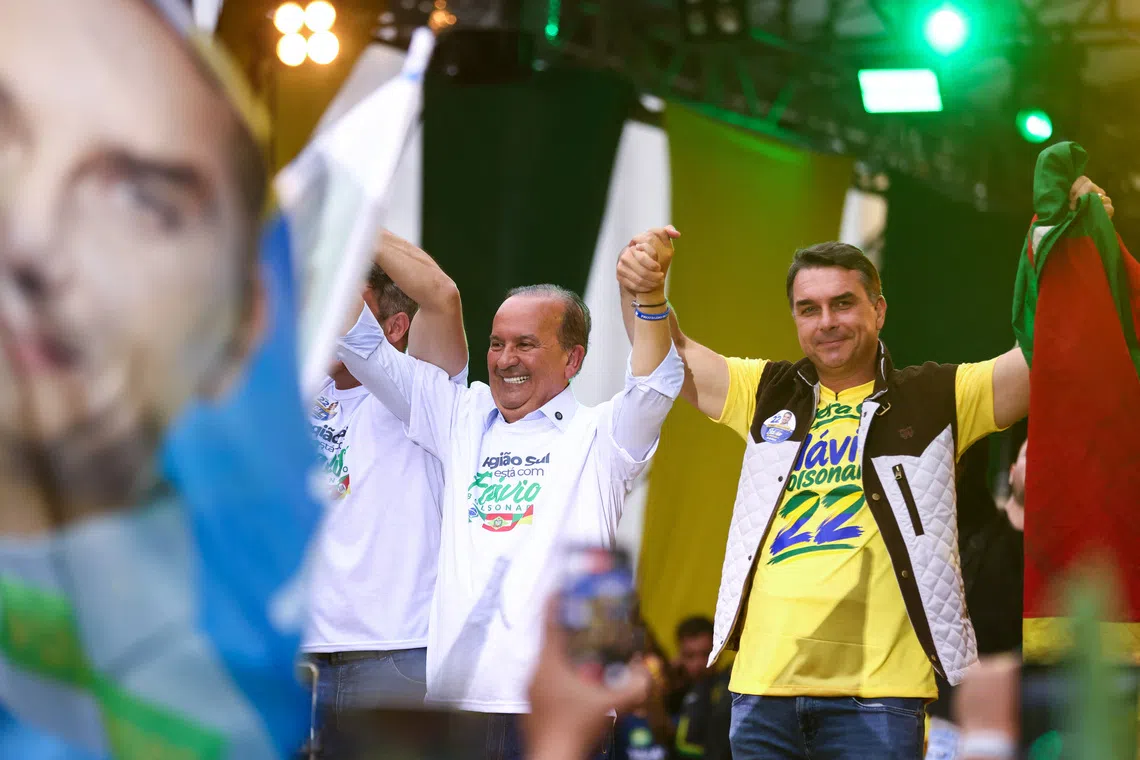 Brazilian presidential candidate Flavio Bolsonaro of the Liberal Party (PL) attends a campaign rally in Porto Alegre, Brazil, October 14, 2026. REUTERS/Diego Vara