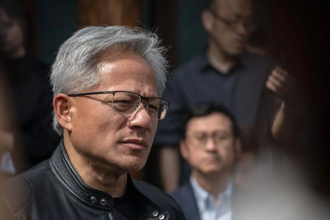 Jensen Huang, CEO of Nvidia Corp., speaks to members of the media in Beijing, China, on July 16, 2025. 