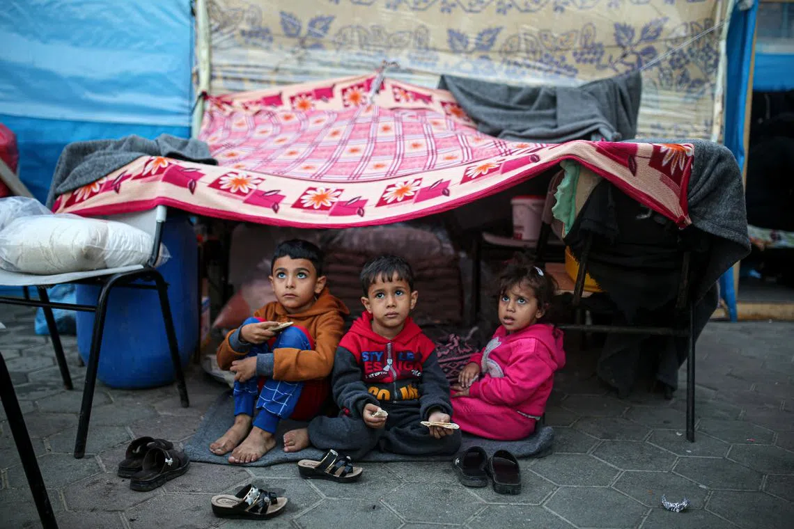 Children at a United Nations-run tent camp for displaced Palestinians in Khan Younis, in the southern Gaza Strip on Nov 15, 2023.