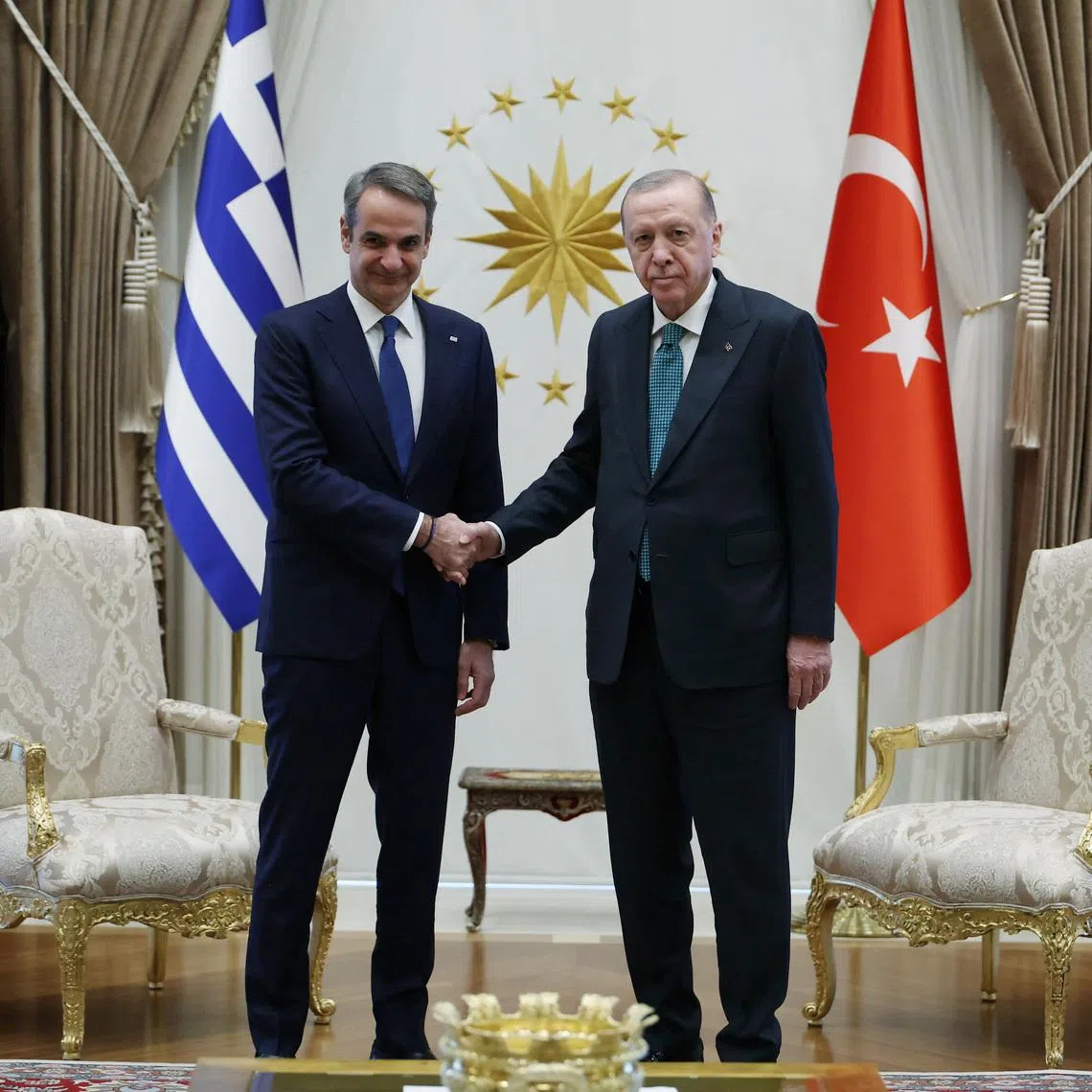 Turkey's President Tayyip Erdogan meets with Greek Prime Minister Kyriakos Mitsotakis at the Presidential Palace in Ankara, Turkey, February 11, 2026. Murat Cetinmuhurdar/PPO/Handout via REUTERS