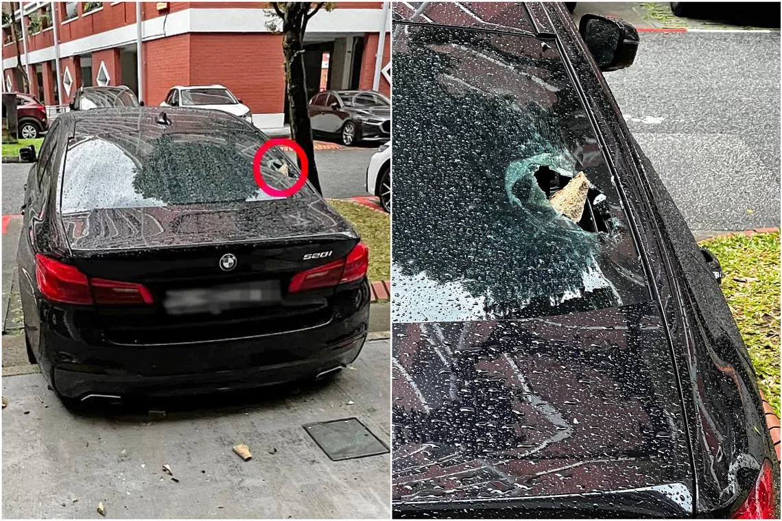 A dislodged brick that fell from the fourth storey of a HDB block in Hougang hit and damaged a black BMW.