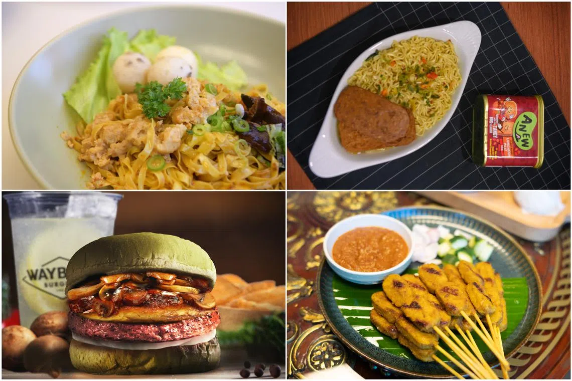 (Clockwise from top left) Noodles featuring Eat Plant Love plant-based fishballs and Anew plant-based luncheon meat, ALTN plant-based satay and Wayback Burgers’ vegan foie gras burger.