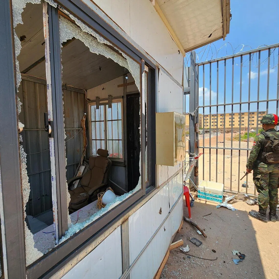 A Thai soldier guarding the scam centre compound which Thailand had attacked and has been occupying since mid-December.

