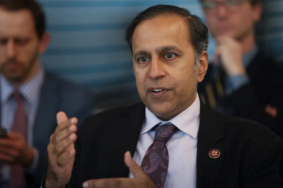 Raja Krishnamoorthi (D-IL), Ranking Member of the House Select Committee on Strategic Competition between the United States and the Chinese Communist Party asks a question in Boston, Massachusetts, U.S., February 12, 2024. REUTERS/Reba Saldanha/File Photo