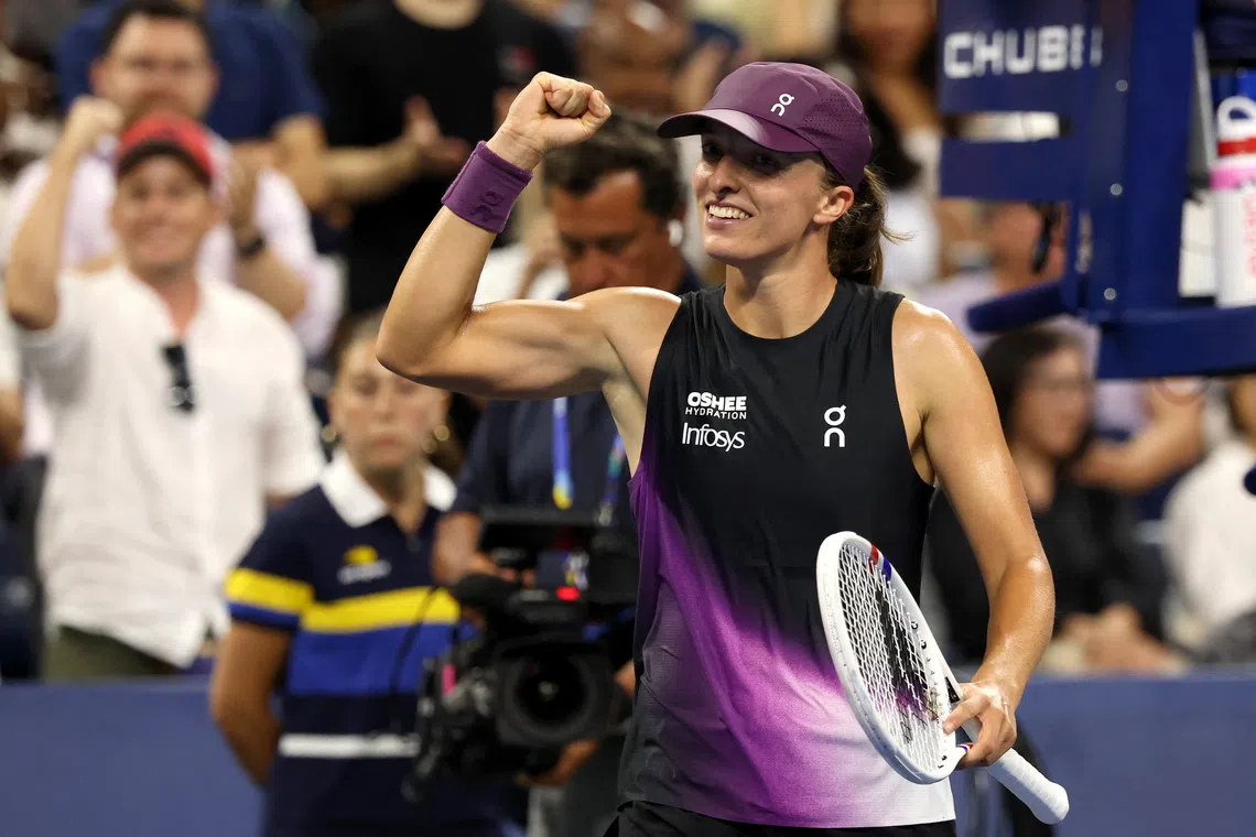 Tennis - U.S. Open - Flushing Meadows, New York, United States - August 31, 2026 Poland's Iga Swiatek celebrates after winning her first round match against China's Xiyu Wang IMAGN IMAGES via Reuters/Geoff Burke
