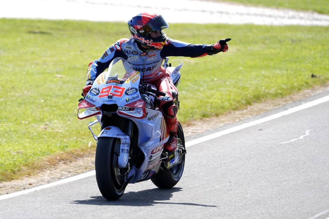 Gresini Racing MotoGP's Marc Marquez celebrates his victory at the Australian MotoGP Grand Prix at Phillip Island on Oct 20, 2024.