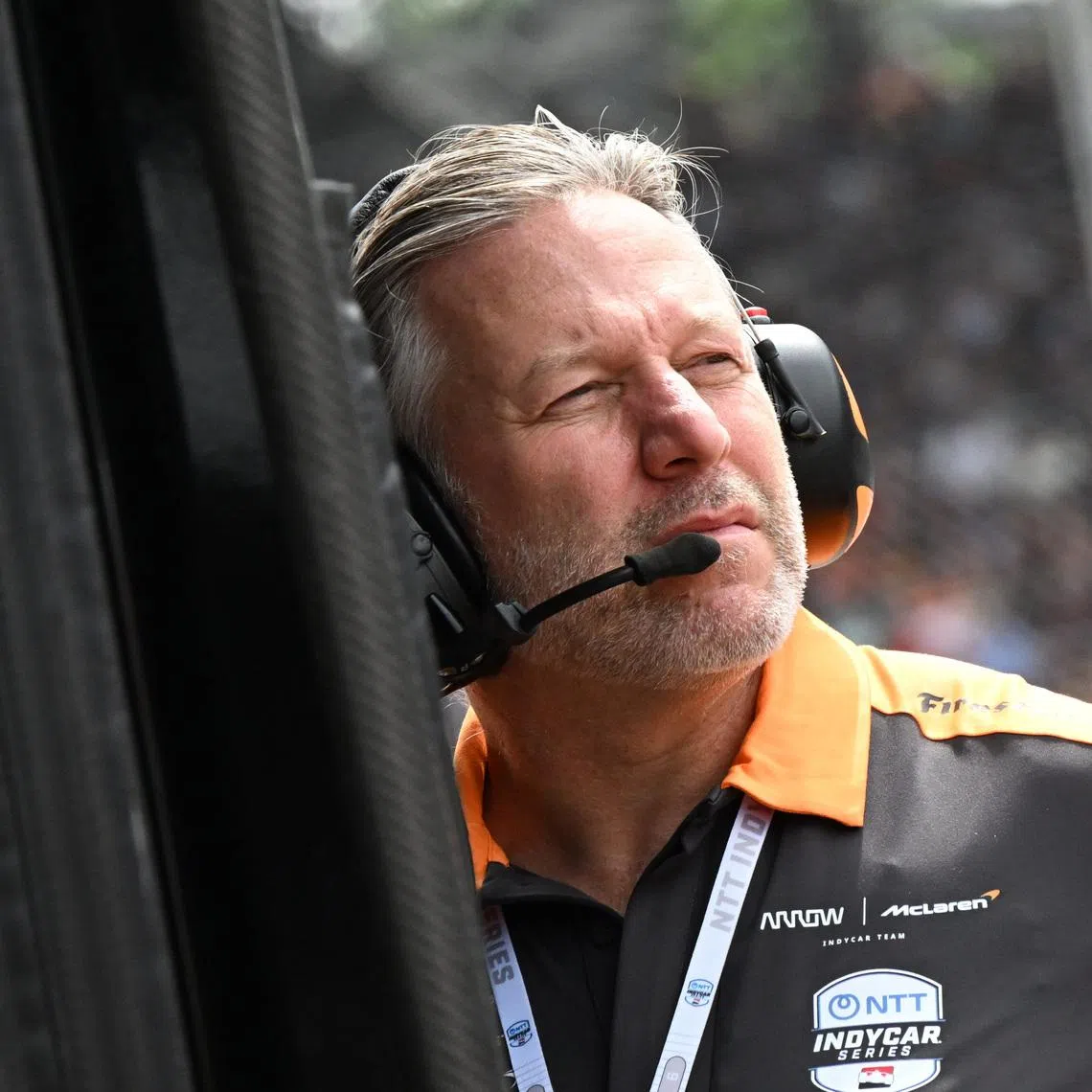 May 24, 2026; Indianapolis, Indiana, USA; McLaren CEO Zak Brown sits in the pit box Sunday, May 24, 2026, during the 110th running of the Indianapolis 500 at Indianapolis Motor Speedway. Mandatory Credit: Kristin Enzor-USA TODAY Network via Imagn Images