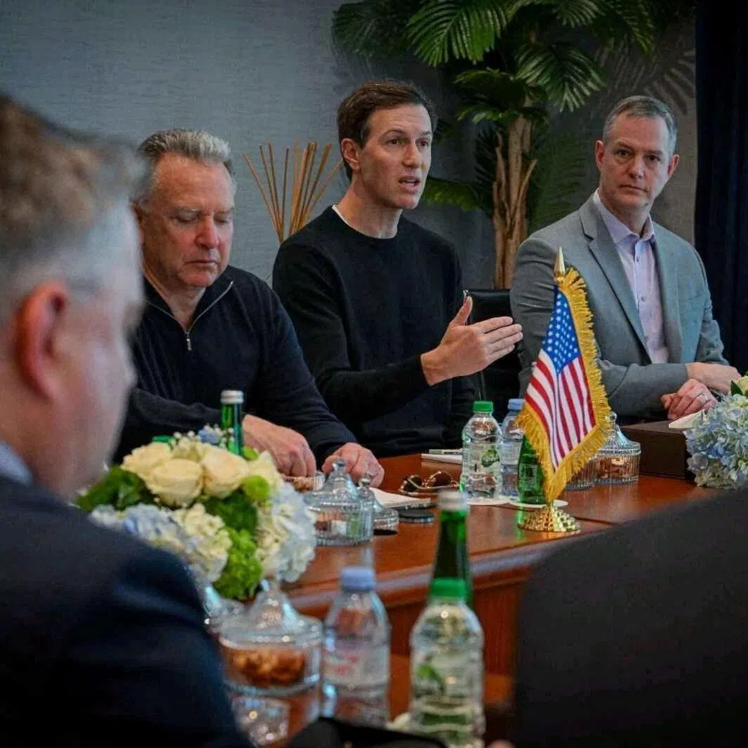 Mr Jared Kushner speaking at talks between the US, Russia and Ukraine in Abu Dhabi on Jan 24, with US Special Envoy Steve Witkoff to his right.