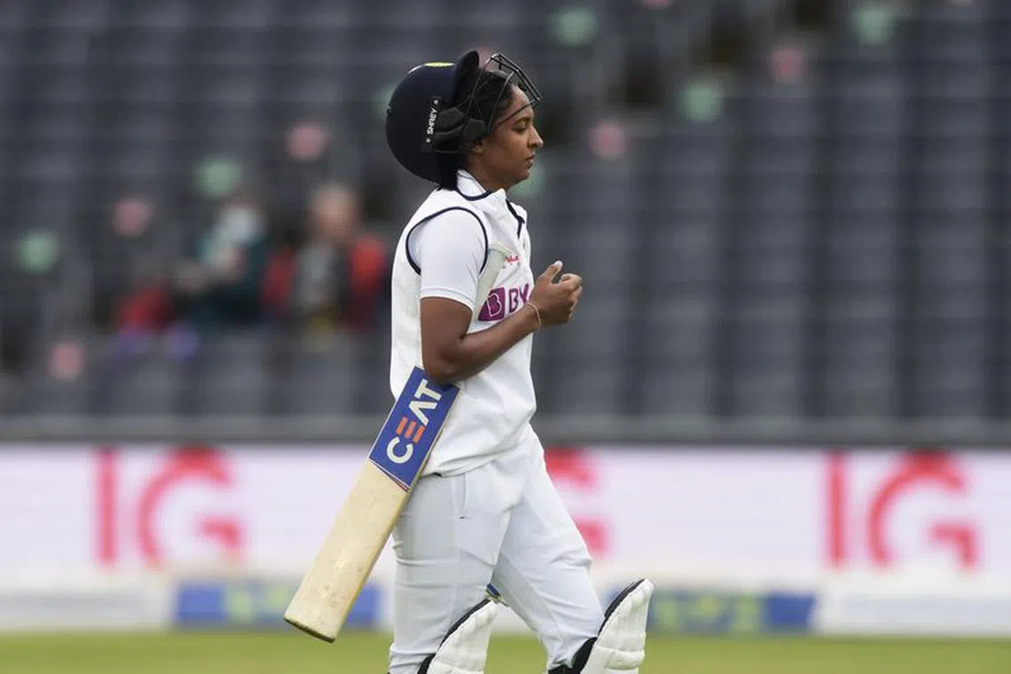 Cricket - Women's International Test Match - England v India - Bristol County Ground, Bristol, Britain - June 18, 2021 India's Harmanpreet Kaur walks after losing her wicket Action Images via Reuters/Rebecca Naden/File Photo