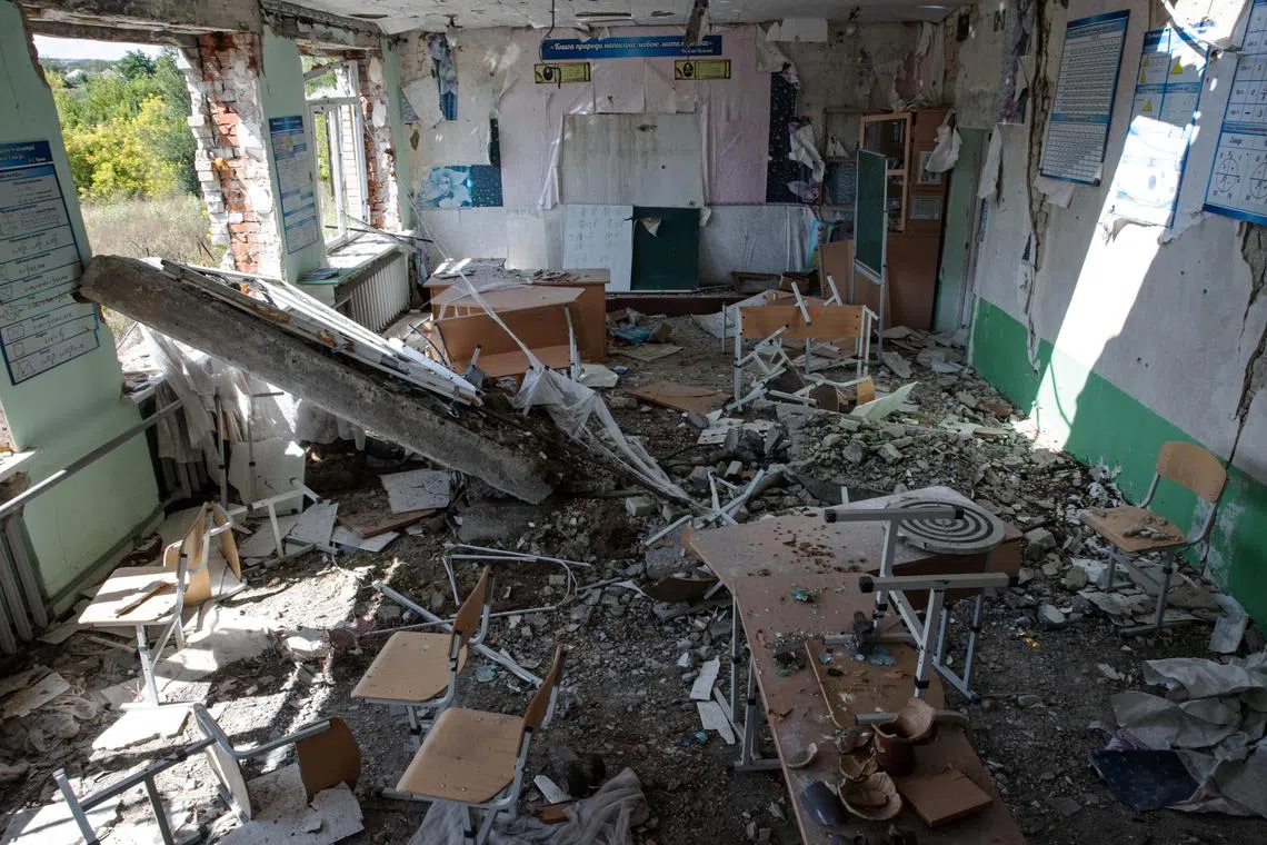 A heavily damaged room at a school that Russian soldiers used as a base in Bohorodychne, Ukraine, on Aug 24.