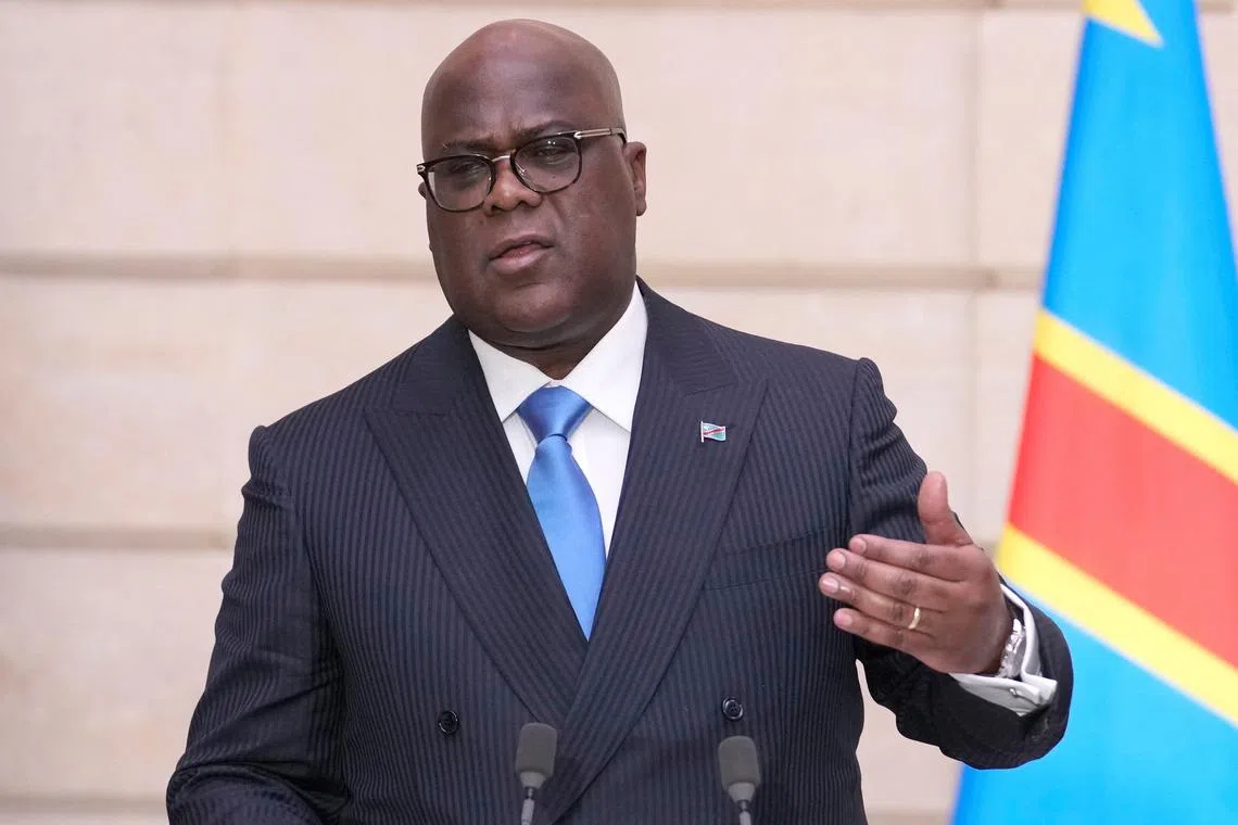 FILE PHOTO: Congo's President Felix Tshisekedi speaks during a press conference with French President Emmanuel Macron at the Elysee Palace in Paris, France, April 30, 2024. Christophe Ena/Pool via REUTERS/File Photo