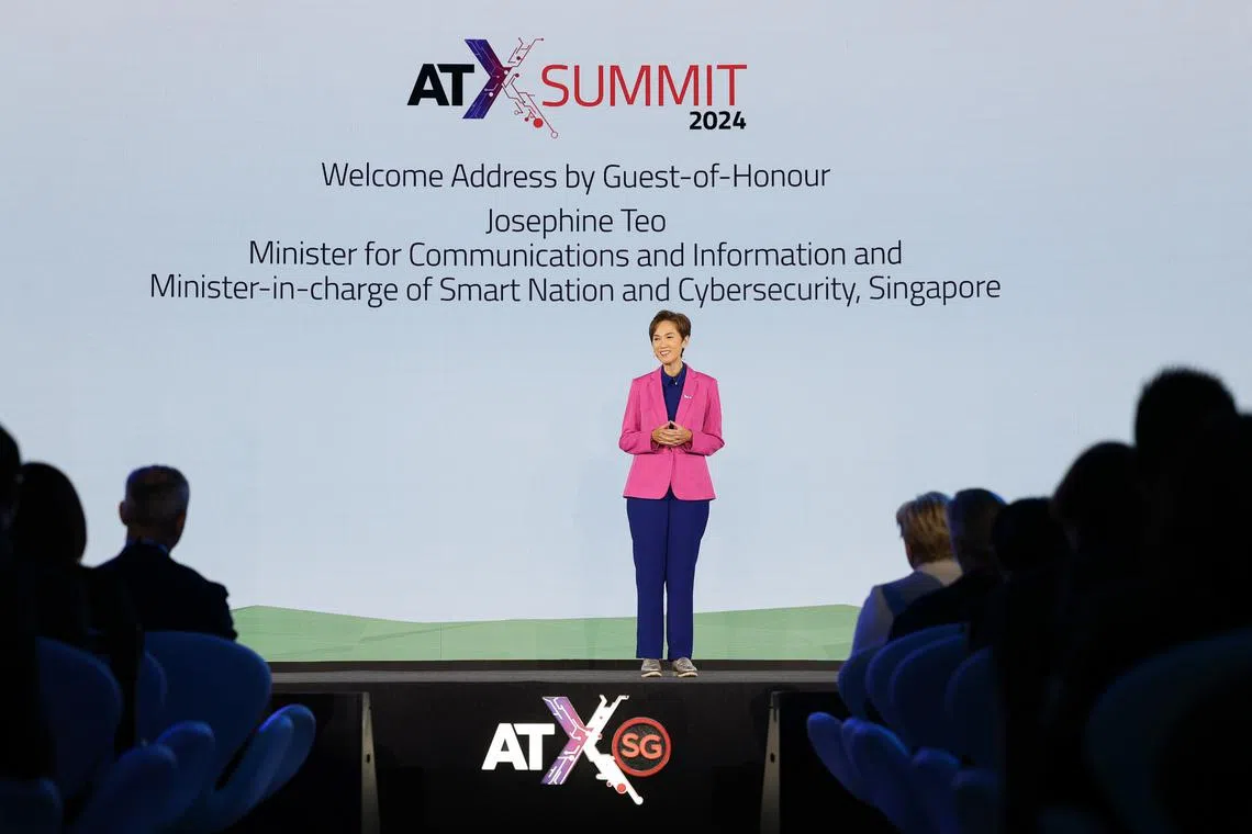 Minister for Communications and Information Josephine Teo at the ATxAI conference at Capella Singapore, on May 31.