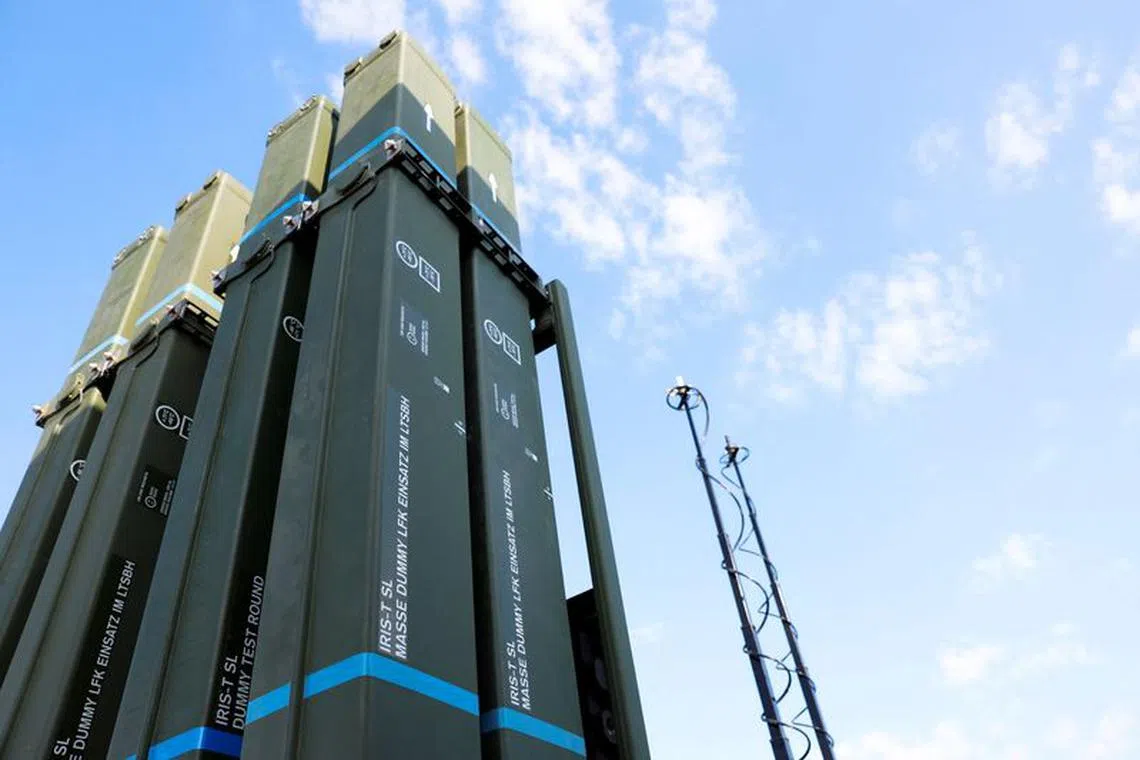 FILE PHOTO: A view shows a part of IRIS-T SLM, an air defence system of German arms maker Diehl Defence, in Roethenbach near Nuremberg, Germany, September 11, 2023. REUTERS/Heiko Becker/File Photo