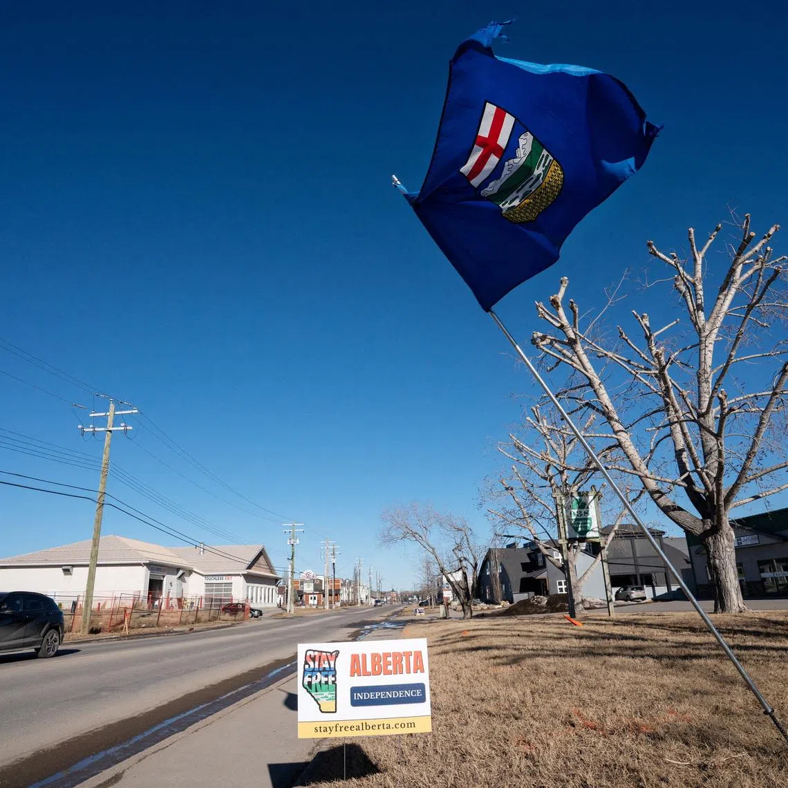 FILE PHOTO: An Alberta flag flies at an Alberta Independence petition signing location in High River, Alberta, Canada February 5, 2026.  REUTERS/Todd Korol/File Photo