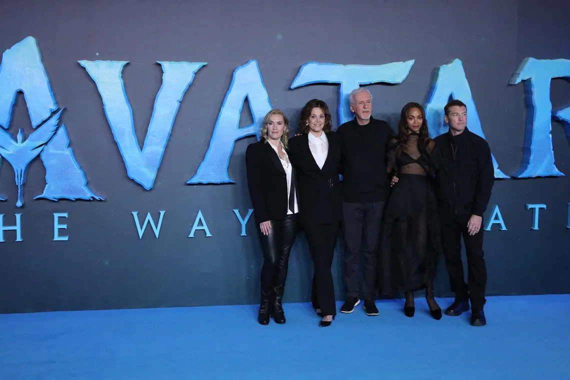 The cast of Avatar: The Way Of Water with director James Cameron (middle) at a photo call in London on Dec 4, 2022.