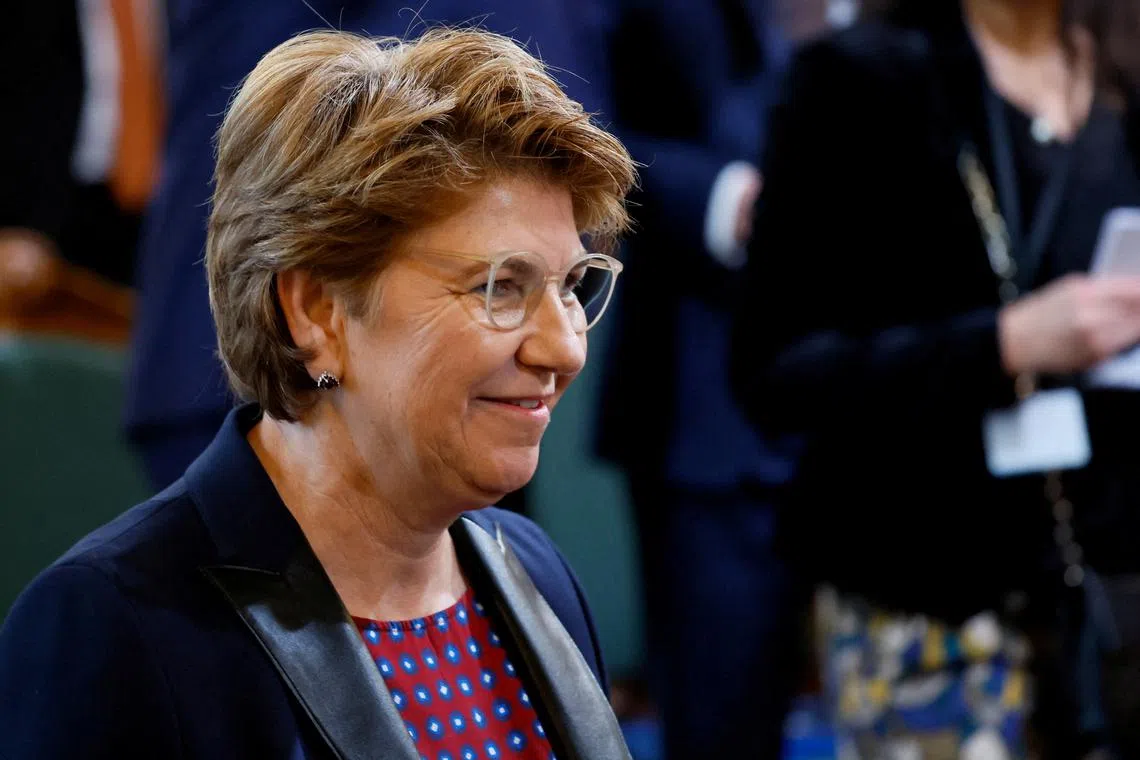 FILE PHOTO: Swiss President Viola Amherd, seen here when she was Federal Councillor during a state visit in Bern, Switzerland, November 15, 2023. REUTERS/Denis Balibouse/File Photo