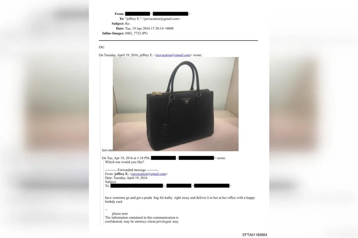An email from Jeffrey Epstein instructing a redacted recipient to purchase a black Prada handbag as a gift. 