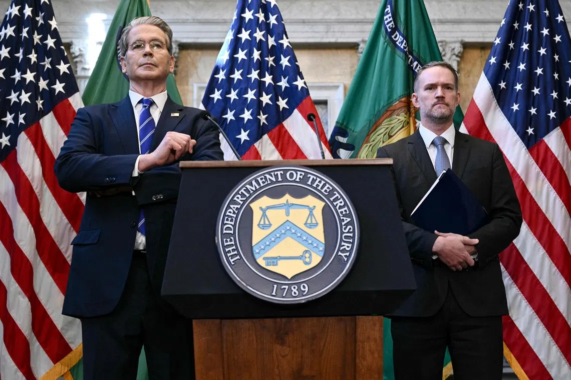 US Treasury Secretary Scott Bessent (left) and US Trade Representative Jamieson Greer at the IMF/World Bank annual meetings in Washington, on Oct 15.