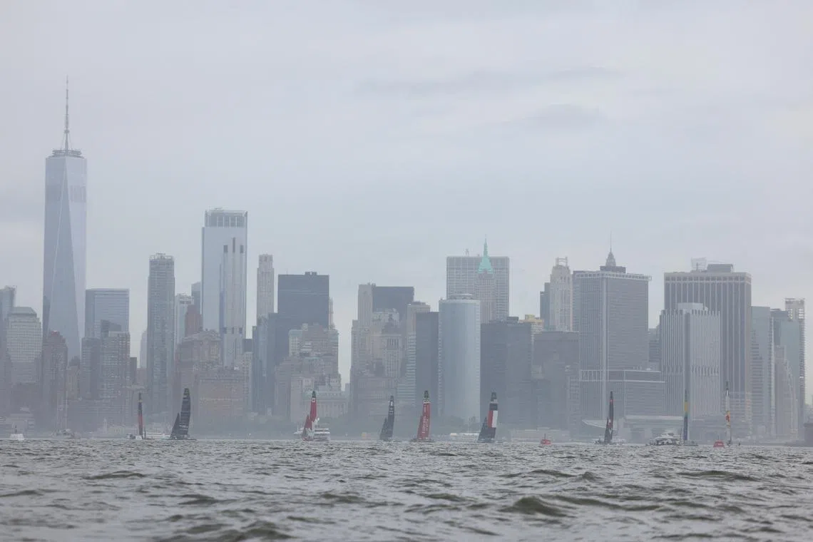 FILE PHOTO: Sailing - SailGP - New York Sail Grand Prix - New York, United States - June 7, 2025 SailGP F50 teams compete in front of the lower Manhattan skyline during the Mubadala New York Sail Grand Prix in New York Harbor REUTERS/Kylie Cooper/File Photo