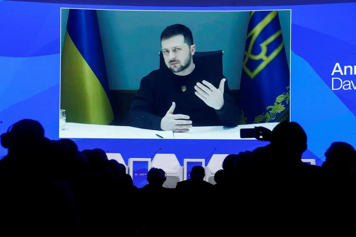 Ukrainian President Volodymyr Zelensky addresses delegates at the World Economic Forum in Davos.