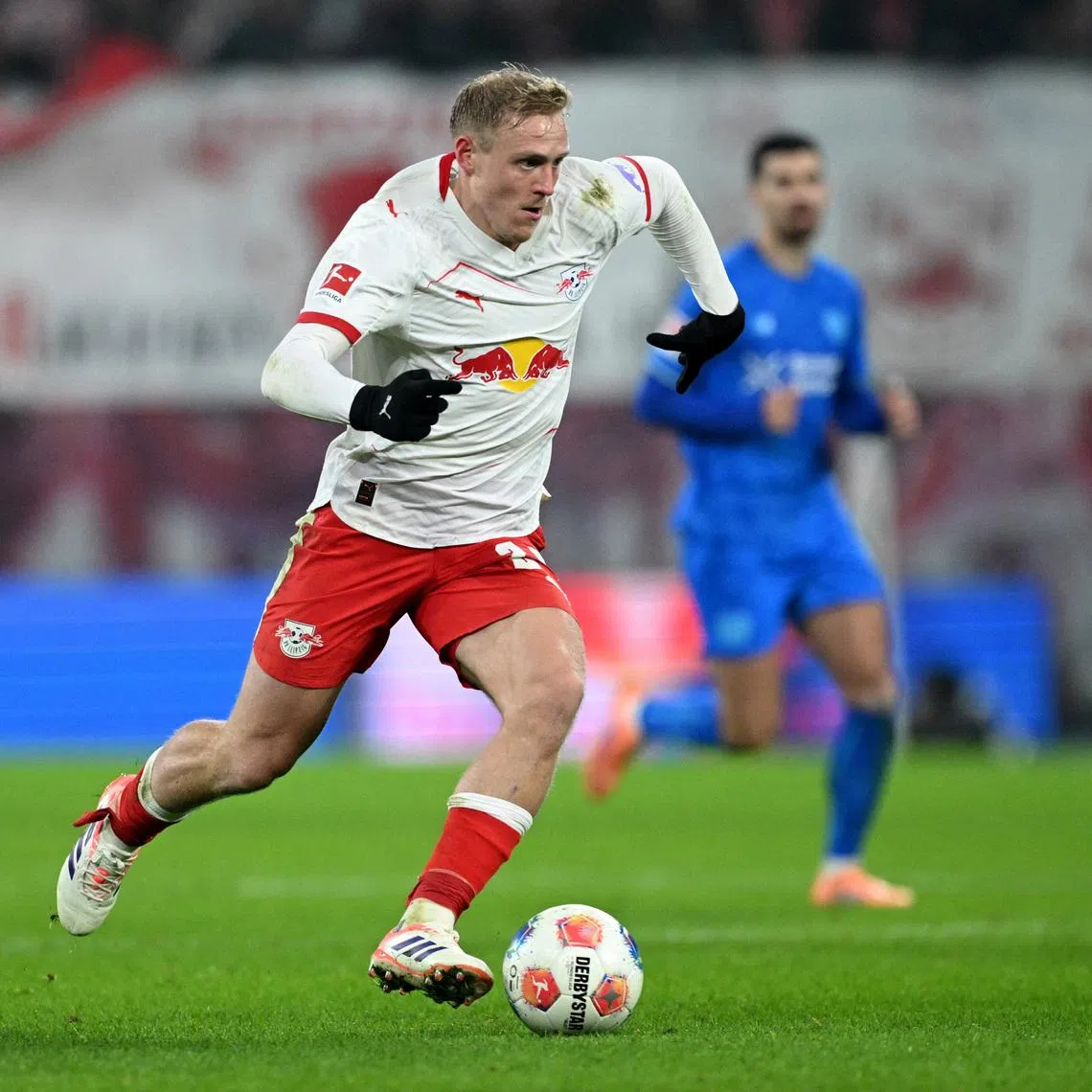 Soccer Football - Bundesliga - RB Leipzig v Bayer Leverkusen - Red Bull Arena, Leipzig, Germany - December 20, 2025 RB Leipzig's Xaver Schlager in action REUTERS/Annegret Hilse
