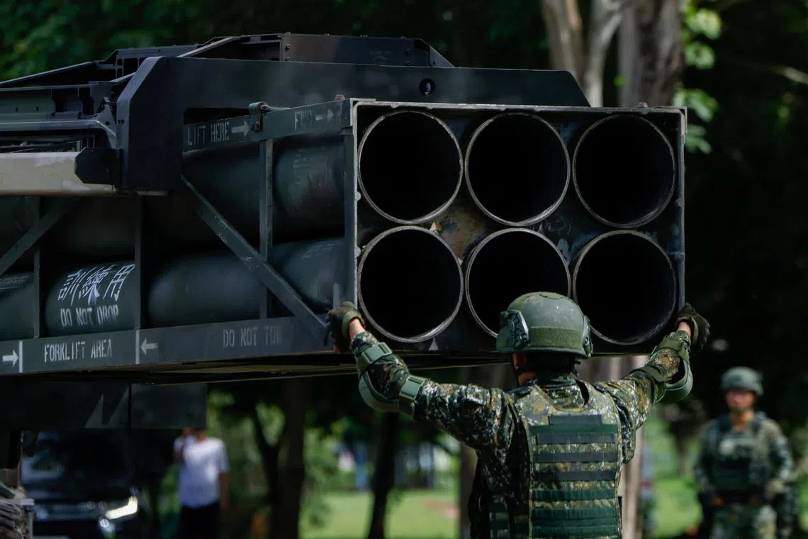 A High Mobility Artillery Rocket System (HIMARS) is on display at a park during Taiwan's annual Han Kuang military exercise in Taichung, Taiwan July 12, 2025. REUTERS/Ann Wang