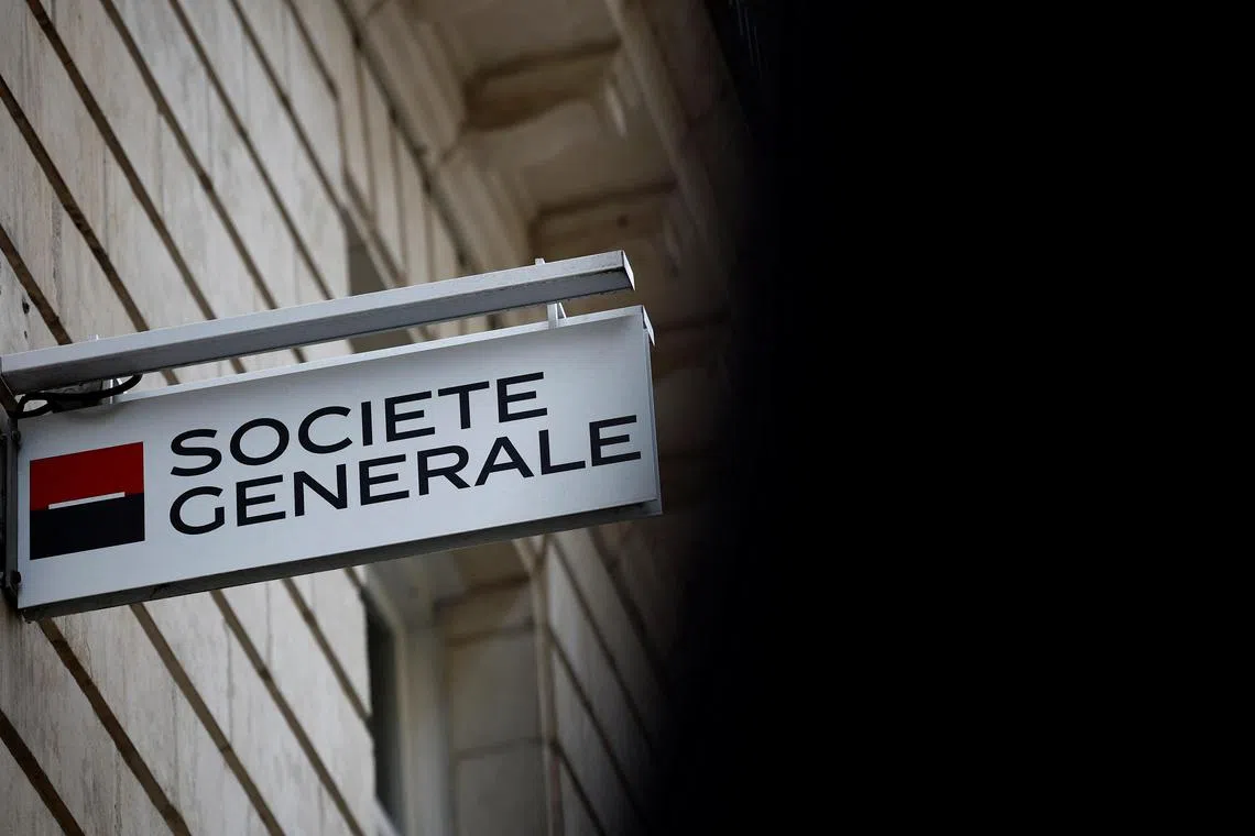 The logo of Societe Generale bank is pictured on an office building in Nantes, France, March 16, 2023. REUTERS/Stephane Mahe