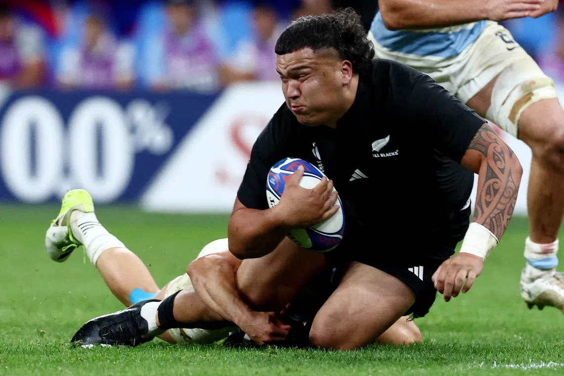 Rugby Union - Rugby World Cup 2023 - Semi Final - Argentina v New Zealand - Stade de France, Saint-Denis, France - October 20, 2023 New Zealand's Tamaiti Williams in action REUTERS/Stephanie Lecocq