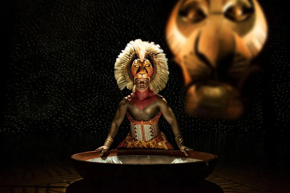 FILE PHOTO: An actor wears a costume on stage during the performance of a musical \"Lion King\" in London, Britain in 2023. Matt Crockett/Disney/Handout via REUTERS /File Photo
