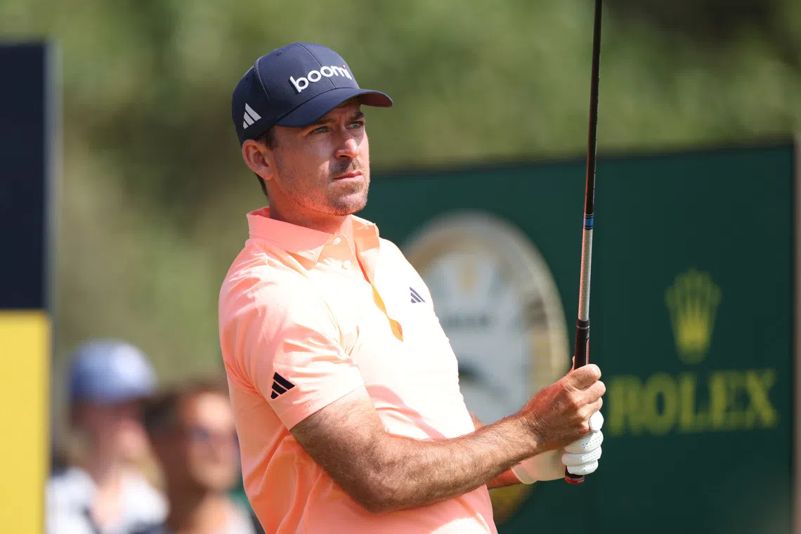 Jul 17, 2026; Southport, ENG; Nick Taylor watches his shot from the second tee during the second round of The Open Championship golf tournament at Royal Birkdale. Mandatory Credit: Bill Streicher-Imagn Images
